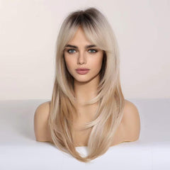 HAIRCUBE Blonde Wig bangs close-up highlights natural bangs that hide the hairline.
