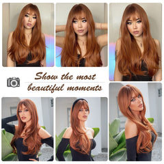 HAIRCUBE Long Auburn Wig with Bangs natural bangs blend hairline for subtle concealment.