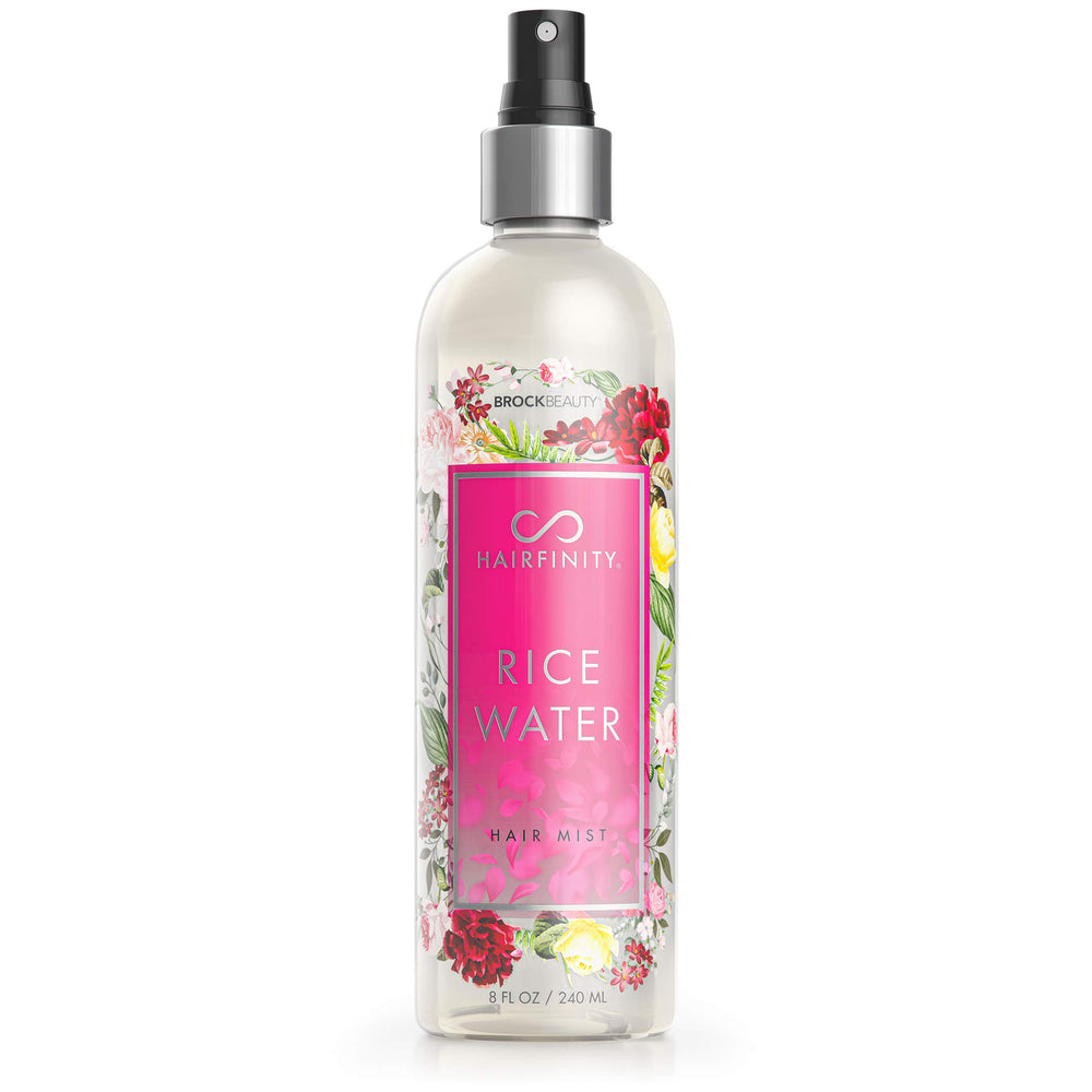 Hairfinity Rice Water Hair Mist bottle demonstrates silicone-free hydration for hair