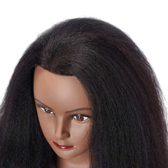 Hairlink real-hair Afro head in practice session highlights curling and straightening versatility.
