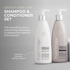 Hairmax Density Conditioner bottle emphasizes hydrating and strengthening hair strands.