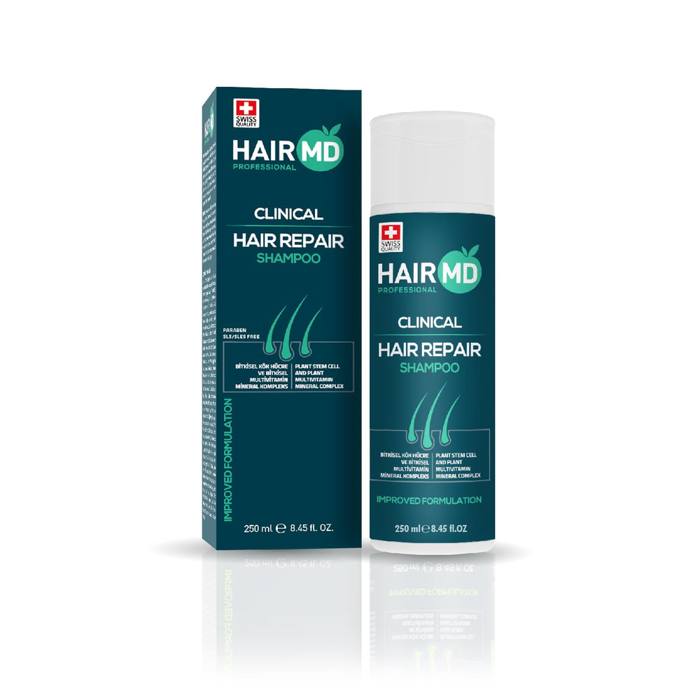 HairMD Transplant Clinical Repair Shampoo bottle shows post-transplant care benefits