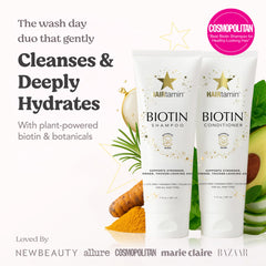 HAIRtamin conditioner bottle closeup highlights volumizing, non-sticky moisture.