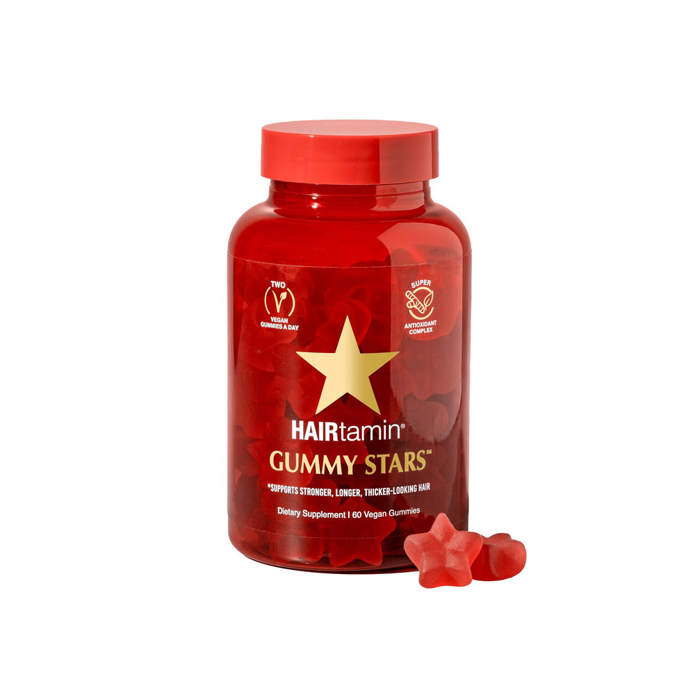 HAIRtamin Vegan Gummy Stars bottle front for easy daily hair support.