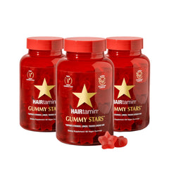 HAIRtamin Gummy Stars bottle shows vegan non-GMO formula for hair health
