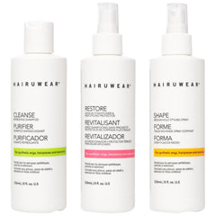 HairUWear shampoo bottle front for synthetic wigs; cleans dirt and buildup safely