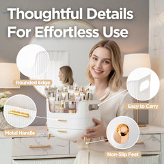 HALAFE makeup organizer gold-tipped legs provide stable placement on vanity