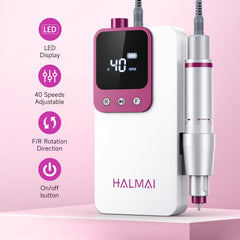 Halmai nail drill LCD display showing RPM, direction, and power