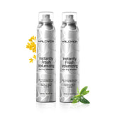 HALOVIDA dry shampoo applied to dark hair with no white residue.