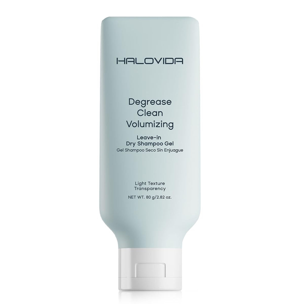 HALOVIDA leave-in dry shampoo gel bottle pour shows instant oil absorption and volume boost.