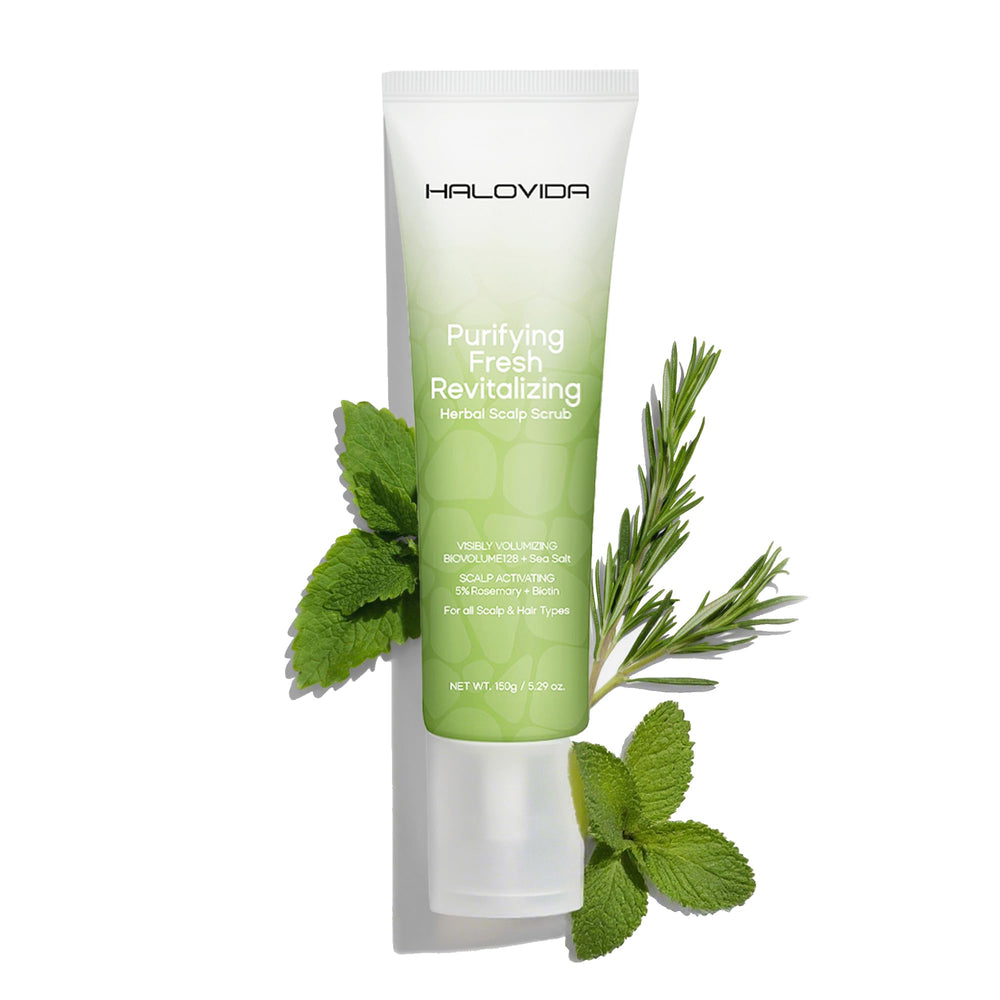 HALOVIDA sea salt rosemary mint scrub bottle with creamy texture for refreshed scalp