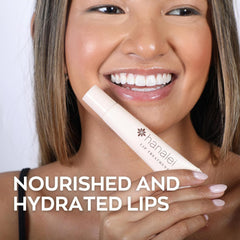 Back view of Hanalei lip treatment tube showing ingredients and daily care use.