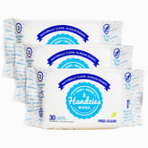 Handzies Free&Clear towelettes front pack showing compact travel size for on-the-go cleaning.