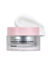 Hanskin Hyaluron Moisture Cream jar demonstrates deep hydration for dry skin.