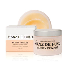 Hanz de Fuko Modify bottle closeup showing premium pomade packaging for all-day hold.