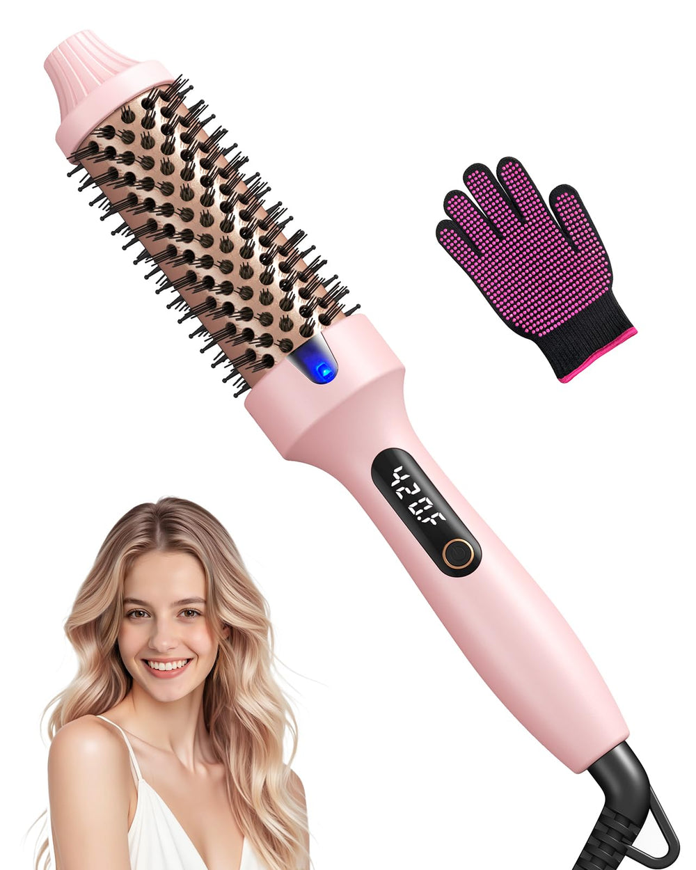 Haokoo thermal brush pink handle with 1.5-inch barrel for salon-quality blowouts at home.