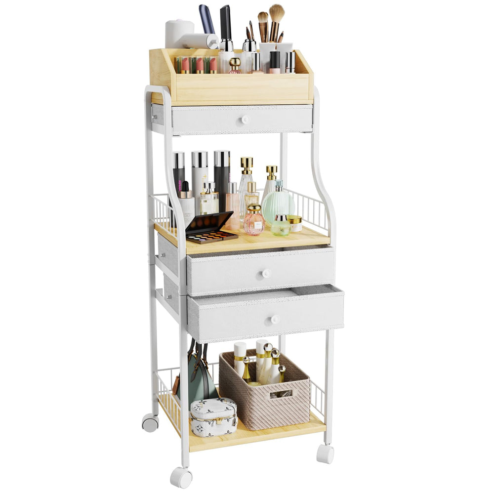 HapiRm floor makeup organizer front view with accessible drawers for skincare essentials.
