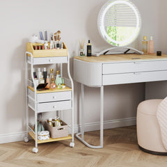 HapiRm floor makeup organizer top-compartments for brushes and cosmetics.