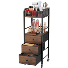 HapiRm rolling makeup cart top compartments organize brushes and perfumes for quick access.