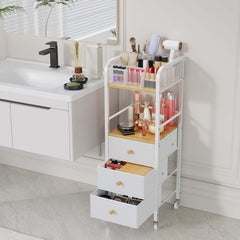 HapiRm vanity organizer with drawer open shows deep dividers for brushes and perfumes