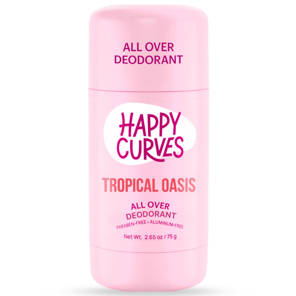 HAPPY CURVES Tropical Oasis packaging shows aluminum-free deodorant for all-over body freshness.