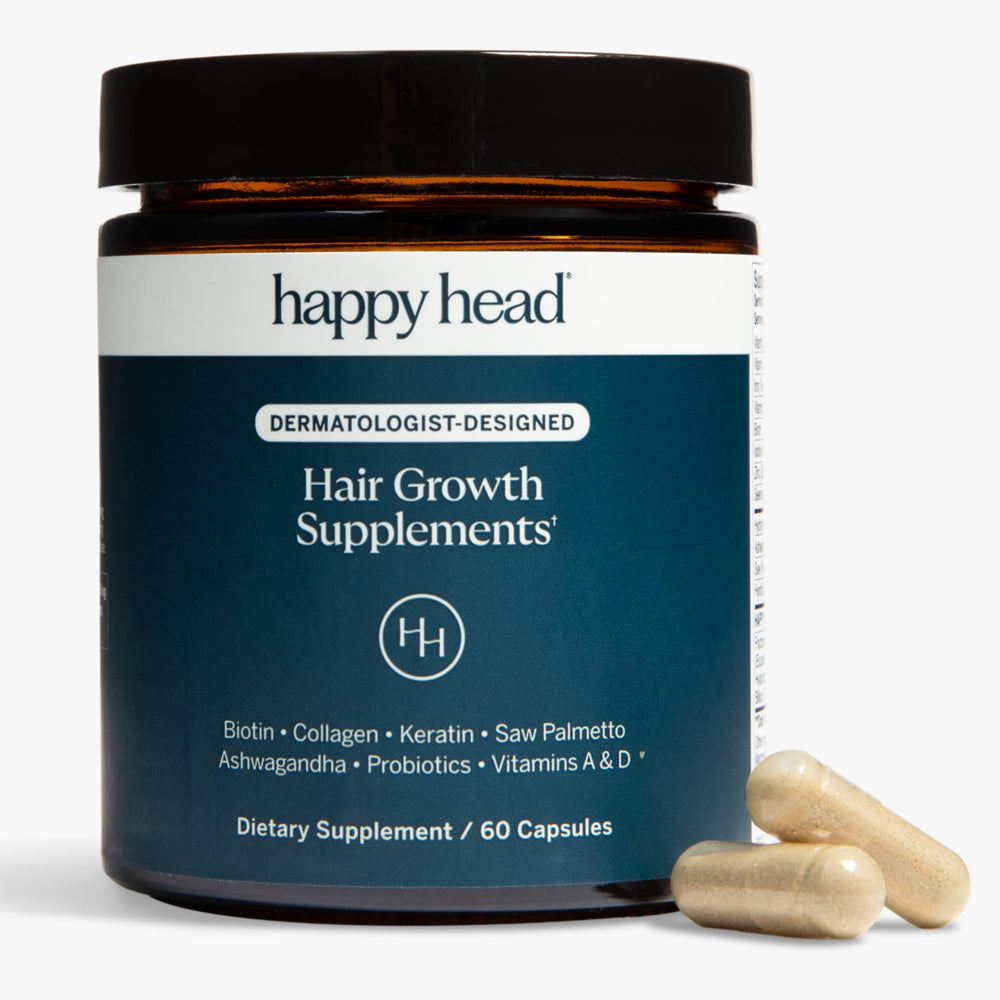 Happy Head bottle front promotes dermatologist-designed hair support.