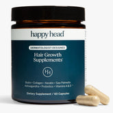 Happy Head bottle front promotes dermatologist-designed hair support.