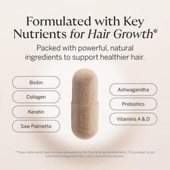 Happy Head ingredients label highlights vitamins and collagen for hair nourishment.