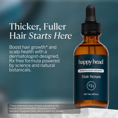 Happy Head serum dropper applying solution to scalp supports fuller-looking hair
