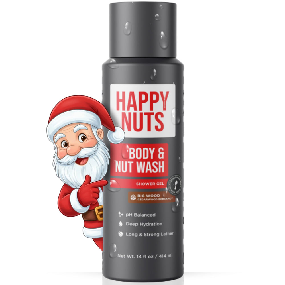 HAPPY NUTS Big Wood Body Wash bottle pour for quick refreshing cleanse