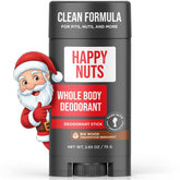 Happy Nuts bottle shows Big Wood deodorant for long-lasting odor control.