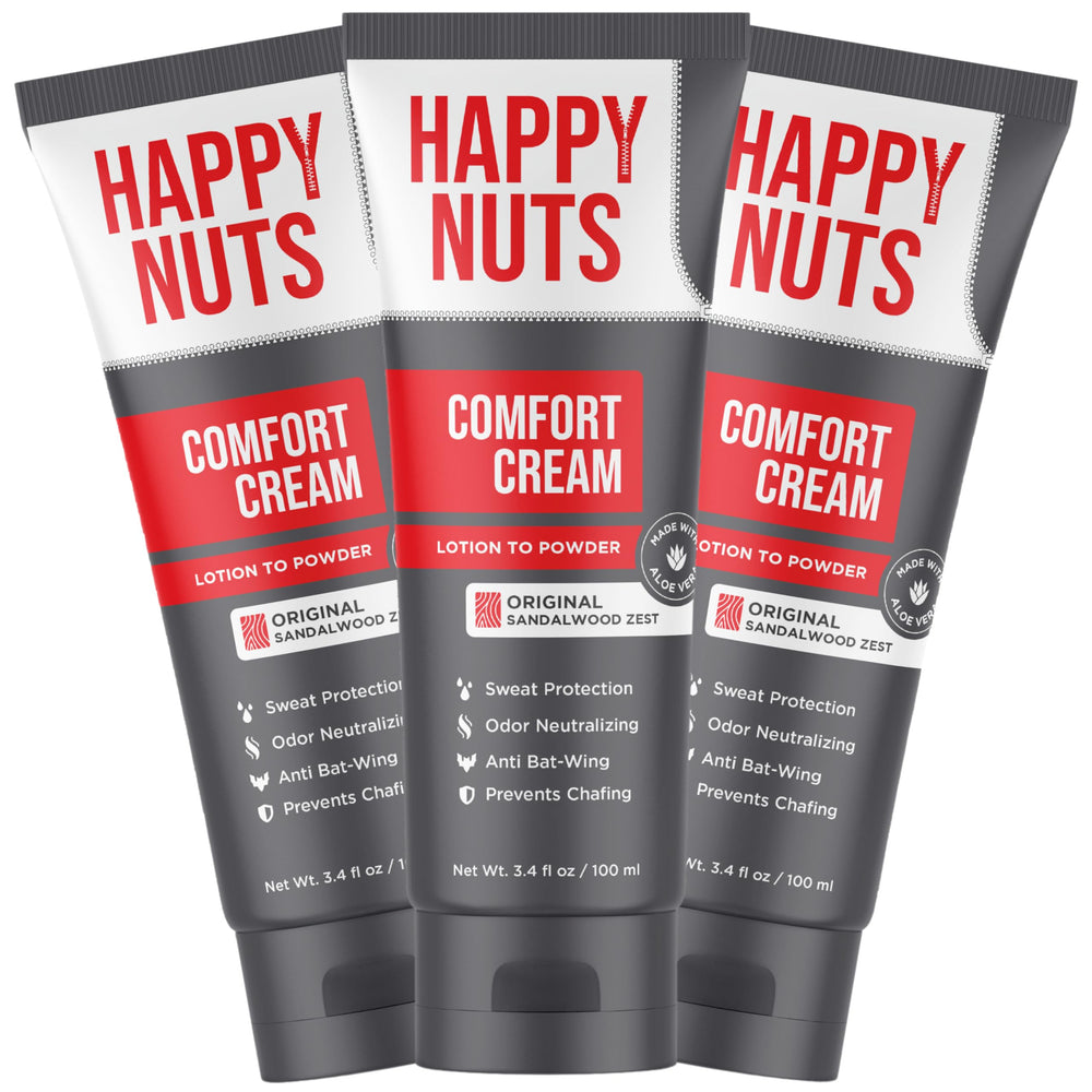 Happy NUTS Comfort Cream Deodorant packaging emphasizes aluminum-free protection for active men.