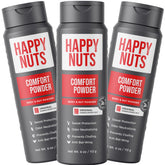 Happy Nuts Comfort Powder Deodorant bottle front; aluminum-free anti-chafe protection for active days.