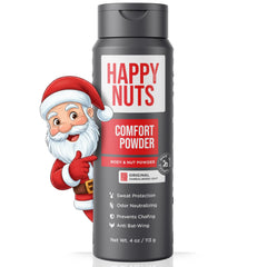 Happy Nuts Comfort Powder Deodorant bottle shows original sandalwood scent for all-day freshness