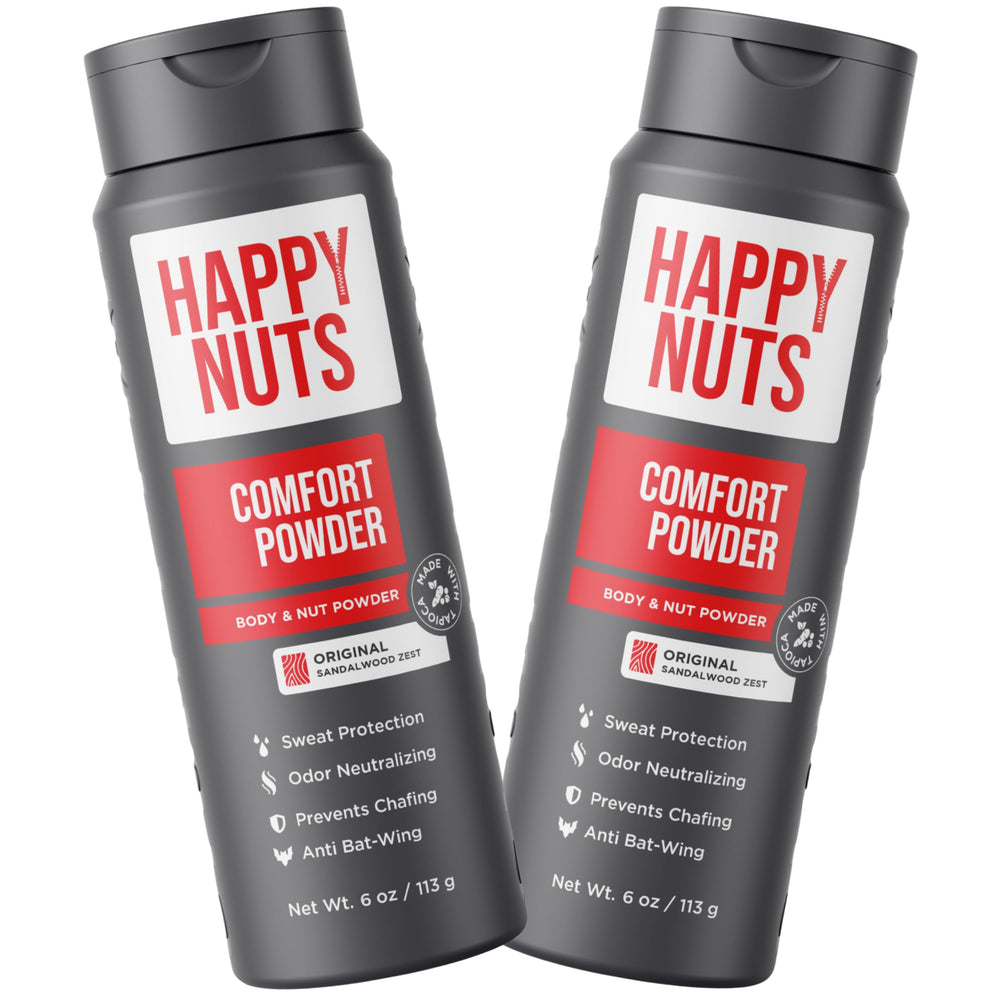 Happy Nuts Comfort Powder packaging front shows the two-pack design for all-day use.