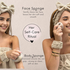 Happy Lolli towel headband secures hair while skincare routines.