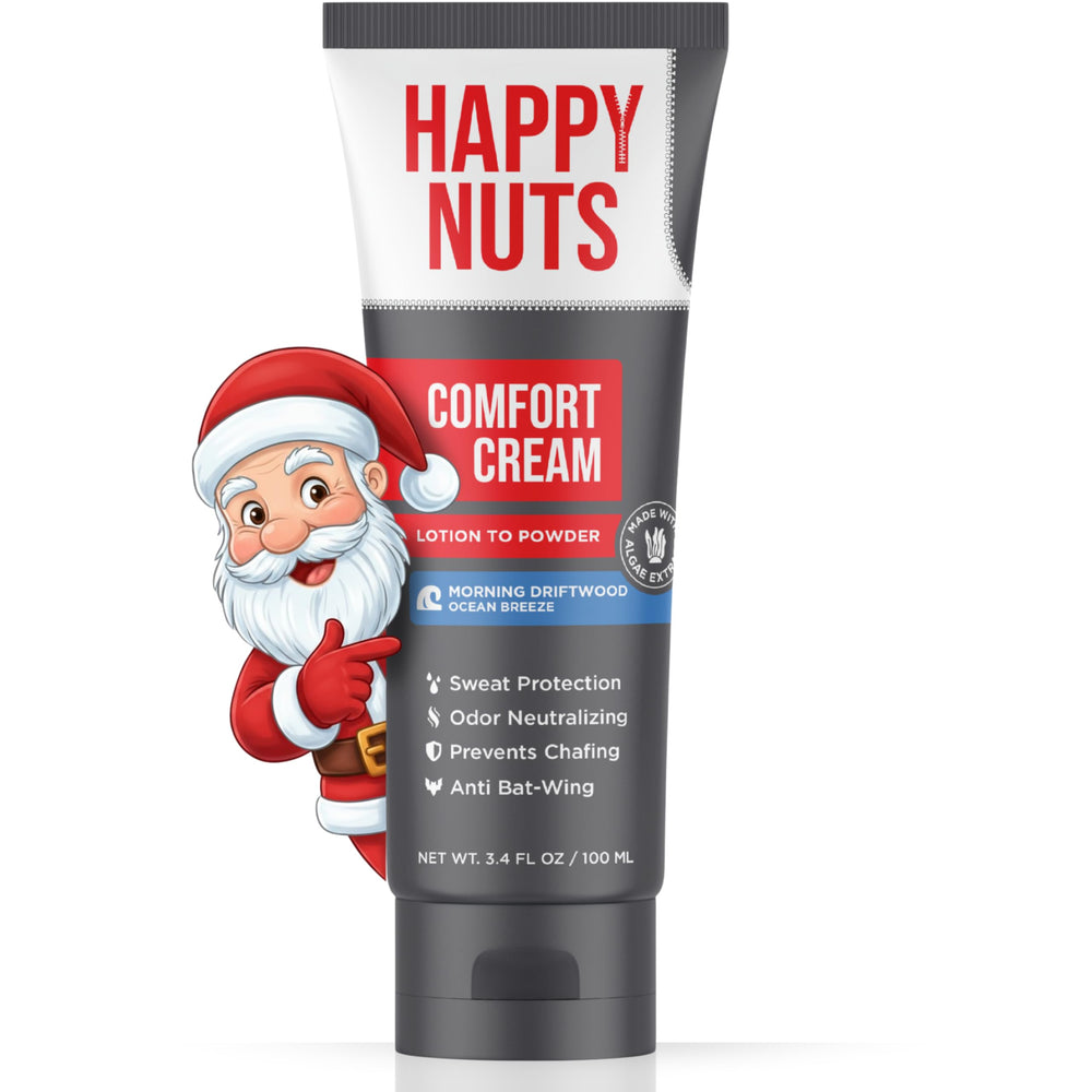 Happy Nuts Comfort Cream Deodorant bottle showing aluminum-free odor protection for all-day freshness