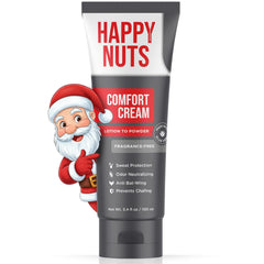 HAPPY NUTS Comfort Cream Deodorant bottle shows aluminum-free odor protection for active men.