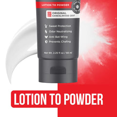 HAPPY NUTS Comfort Cream Deodorant original bottle side close-up showing lotion-to-powder technology.