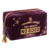 Harry Potter velvet makeup bag close-up reveals plush purple fabric and sturdy zipper for travel organization.