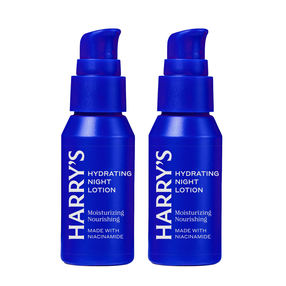 Harry's Hydrating Night Lotion bottle closeup shows lightweight, non-greasy night hydration.
