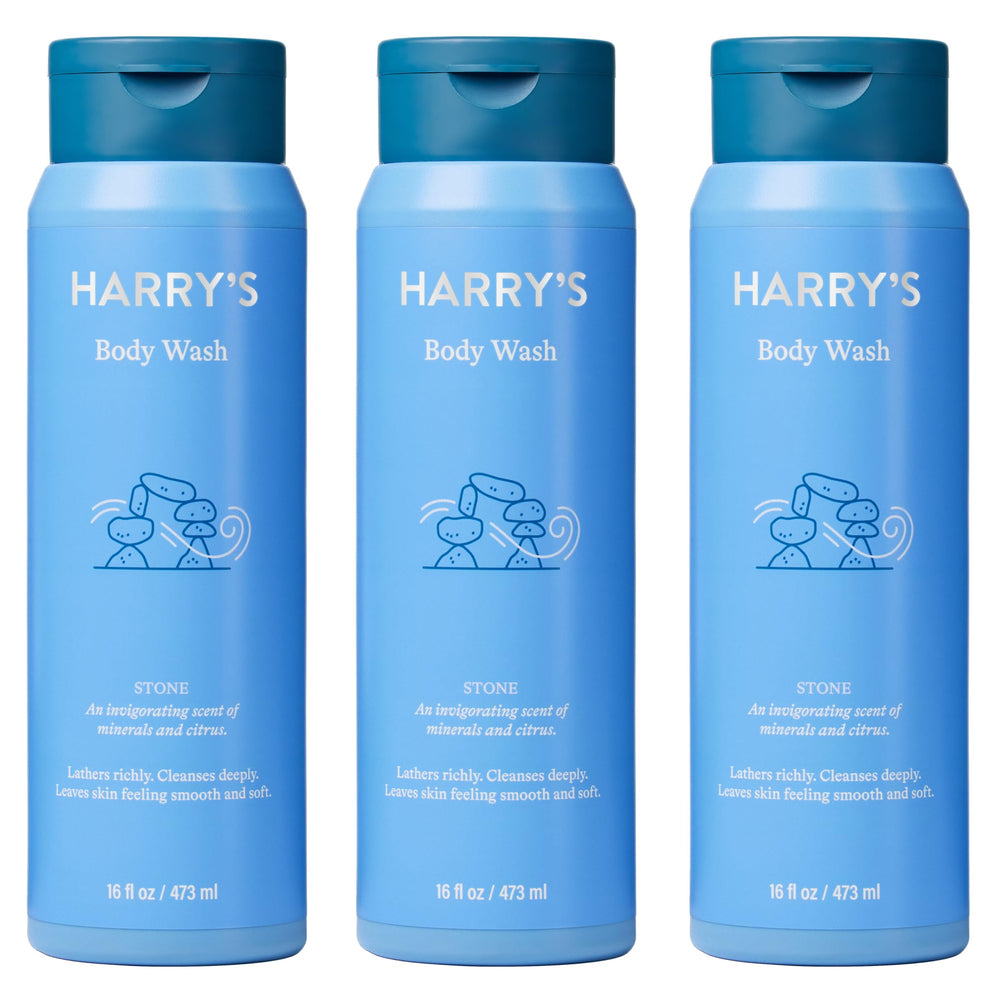 Harry's Men's Body Wash Stone bottle front with gentle, sulfate-free cleanse in view