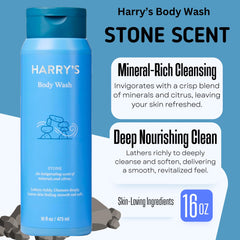 Harrys Stone bottle of men's body wash emphasizing deep clean and masculine fragrance
