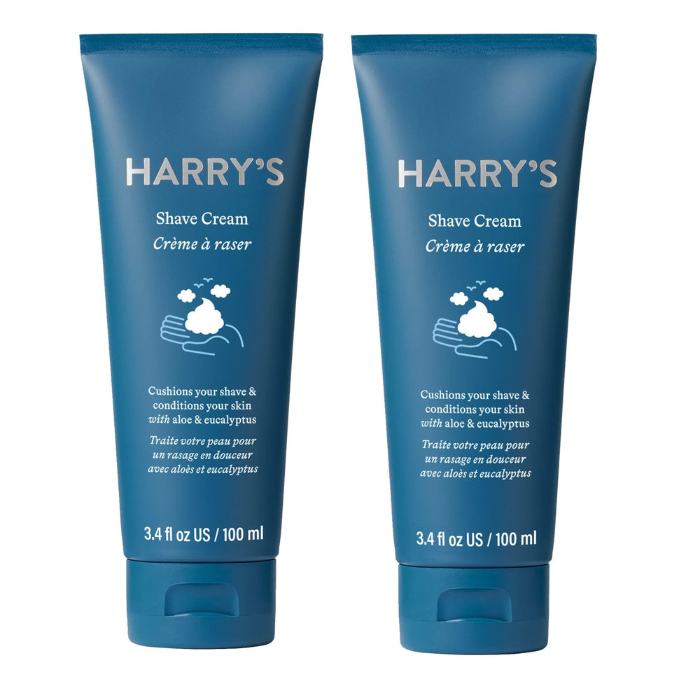 Harrys Shaving Cream 2-pack packaging shows convenient tubes for quick daily shaves