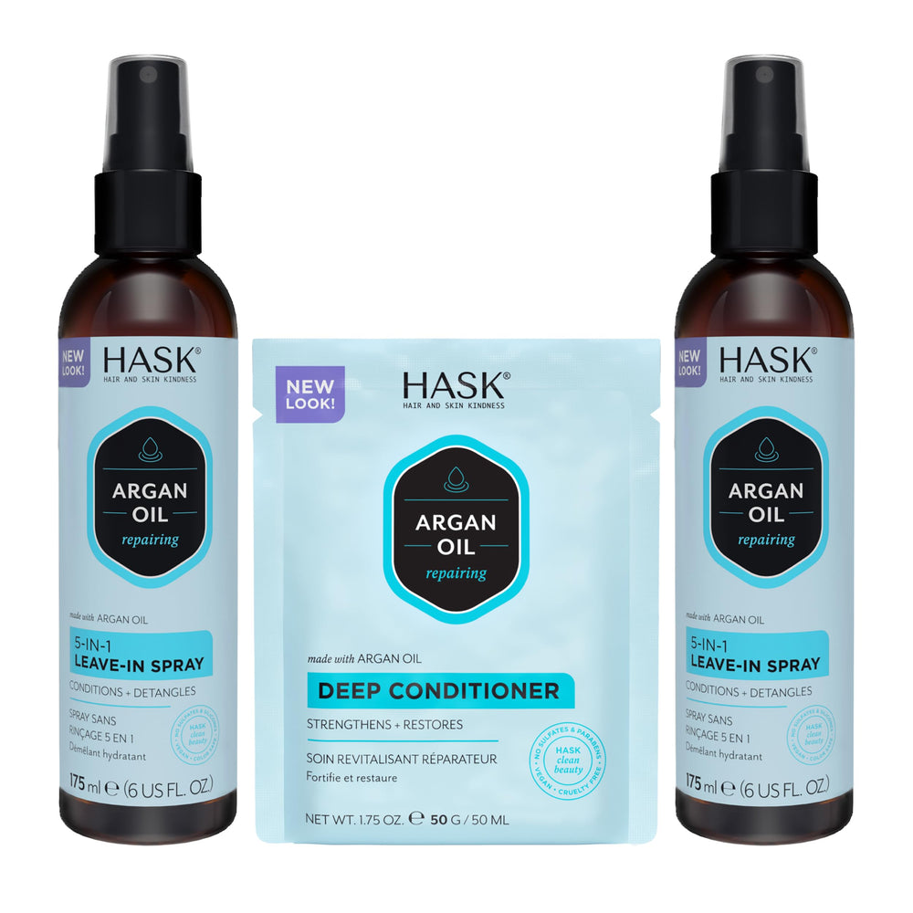 HASK Argan Oil 5-in-1 Leave-In Bottle delivers detangling and shine.
