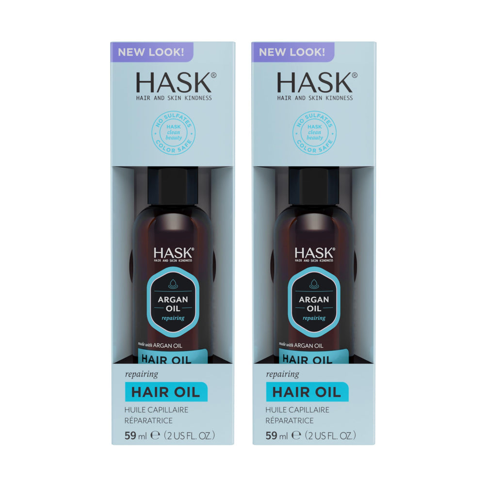 HASK Argan Repairing Hair Oil bottle shows lightweight formula for shine and frizz control.