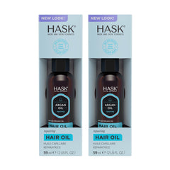 HASK Argan Repairing Hair Oil bottle shows lightweight formula for shine and frizz control.