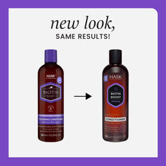 HASK Biotin Boost Shampoo label closeup highlights color-safe, sulfate-free cleansing