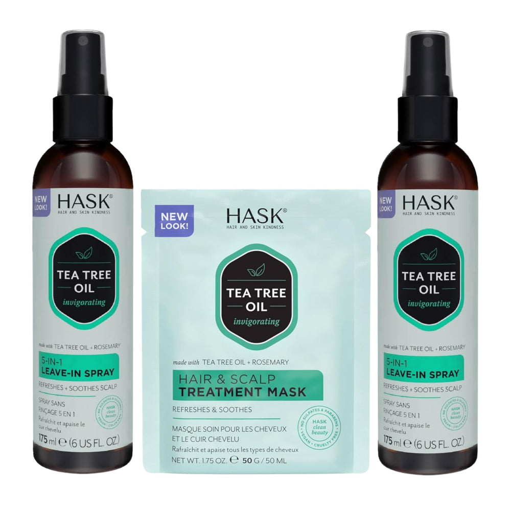 HASK Invigorating Tea Tree Oil 5-in-1 Leave-In Conditioner spray bottle close-up for detangling