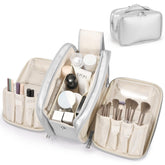 HauteHues travel makeup bag with large opening in silver for quick access to cosmetics
